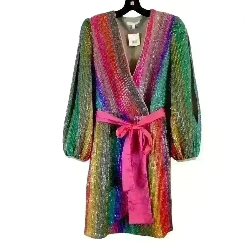 Harlyn Sequin Rainbow Stripe Surplice V-Neck Wrap Dress Size S